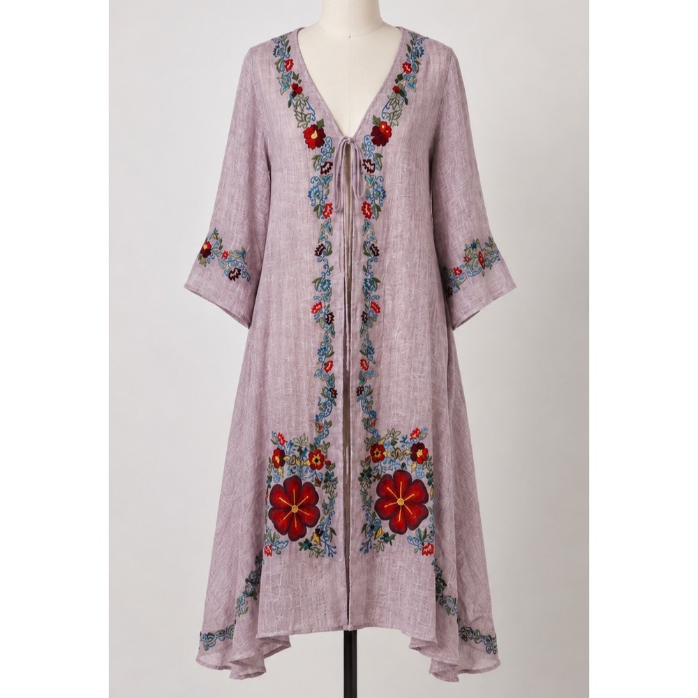 Roja Dress Embroidered 100% Linen Whimsical Midi Festival Floral Tie Front Large